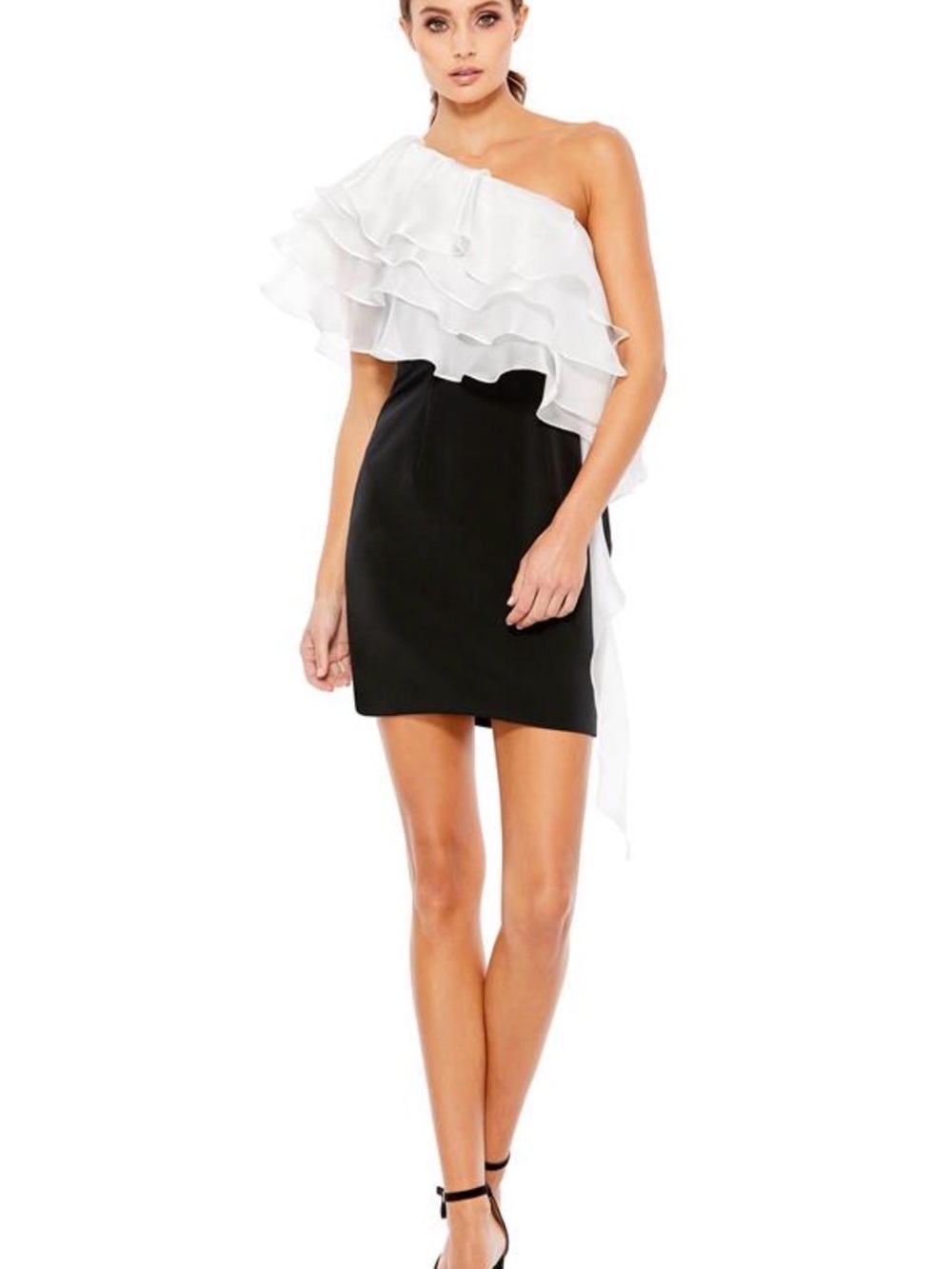 Asymmetric One-Shoulder Black and White Ruffle Mini Dress